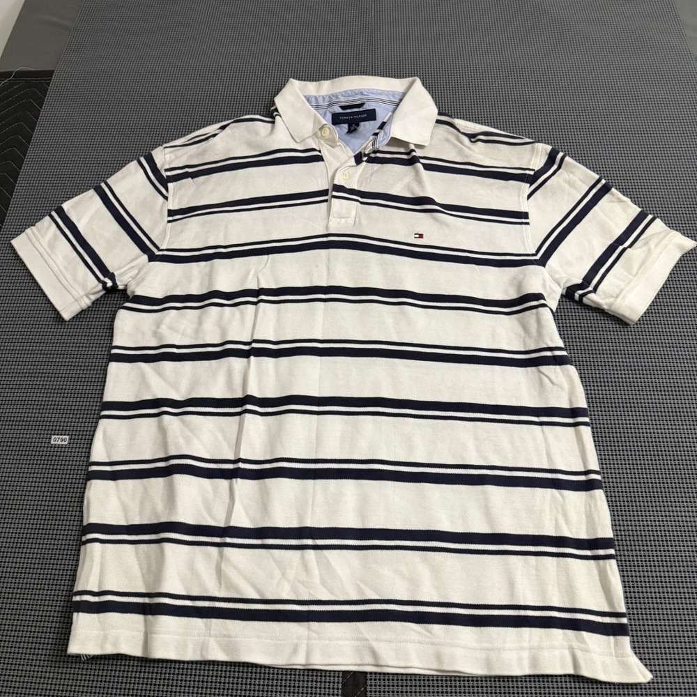 Tommy Hilfiger Mens XL Polo‎ Shirt White Navy Blue Striped Short Sleeve Pique